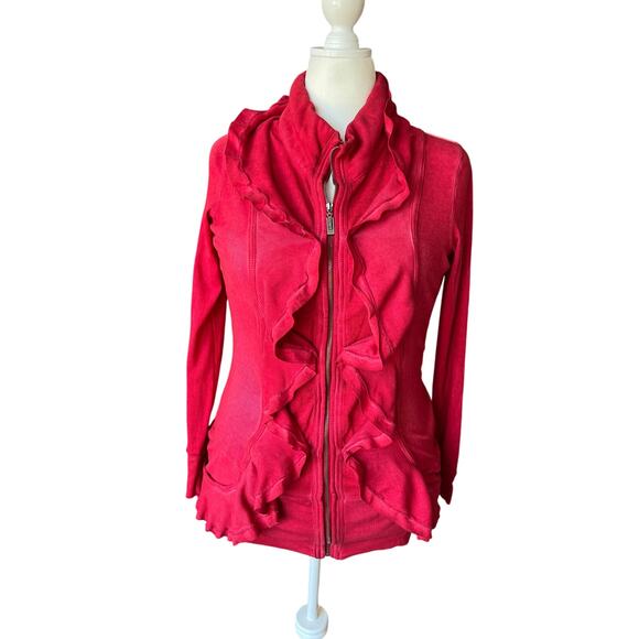 YEST Tonal Dyed Red Ruffle Full Zip Jacket Women's Size 14 Stretch Romantic Boho - Picture 1 of 11